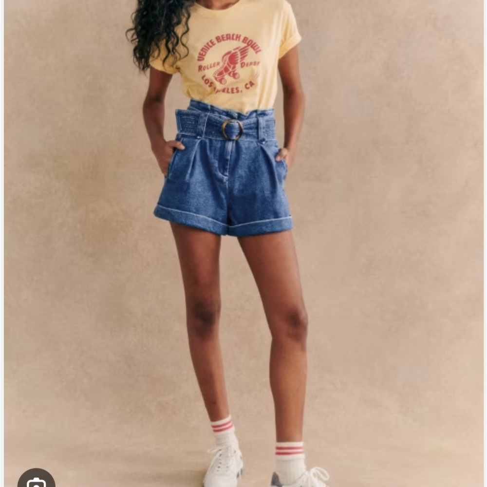 Sézane High-Waist Paperbag Denim Shorts in Medium Blue